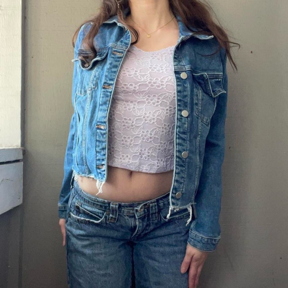 Just USA Dark Wash Blue Cropped Denim Jacket with Distressed Hem